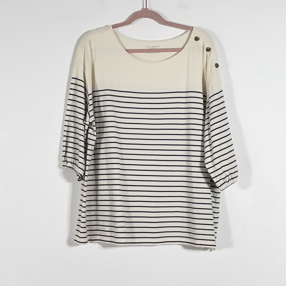 Talbots Plus Top Blouse Womens Sz 2XP Beige Striped Button Detail Short Sleeve